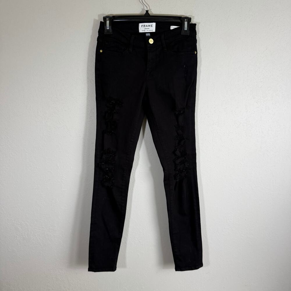 Frame Le Skinny De Jeanne Distressed Black Film Noir Wash Denim Womens 25